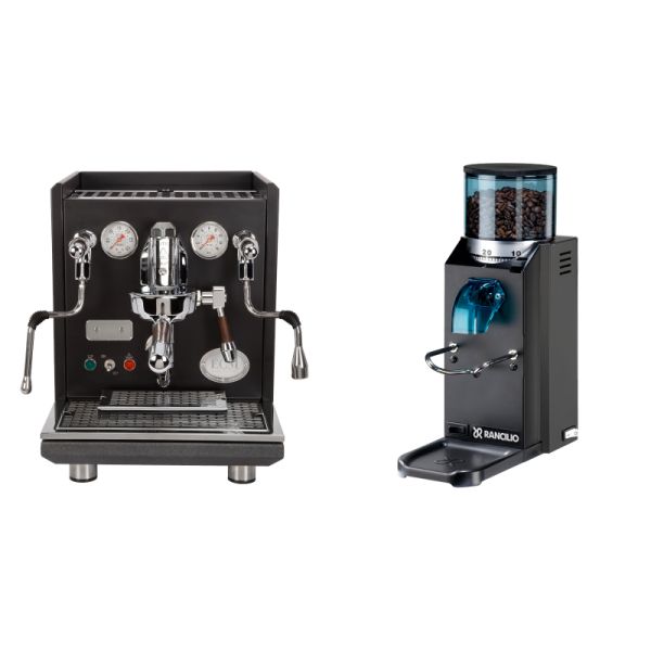 ECM Synchronika, black, dark walnut + Rancilio Rocky Doserless, black