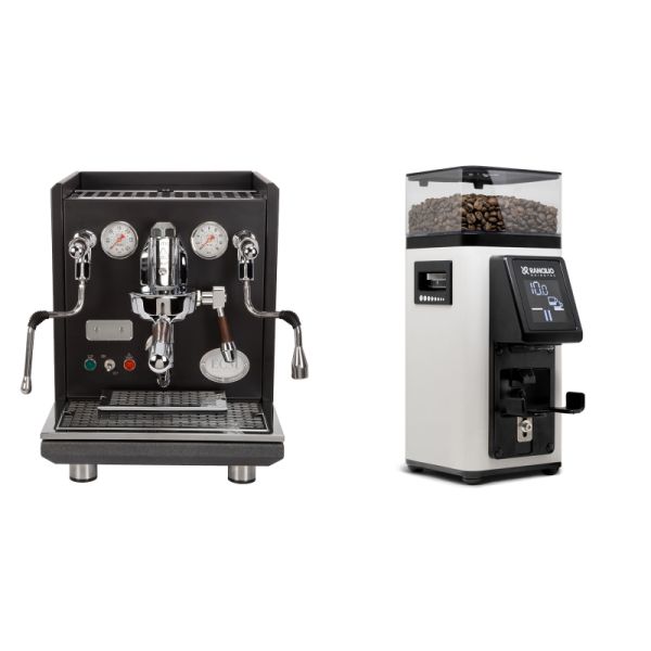 ECM Synchronika, black, dark walnut + Rancilio STILE, white