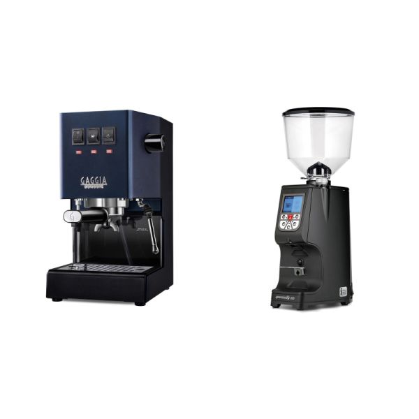 Gaggia New Classic E24, blue + Eureka Atom Specialty 65, black