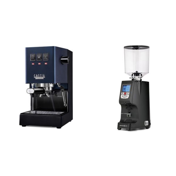 Gaggia New Classic E24, blue + Eureka Atom Specialty 75, black