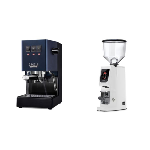 Gaggia New Classic E24, blue + Eureka Atom W 65, white