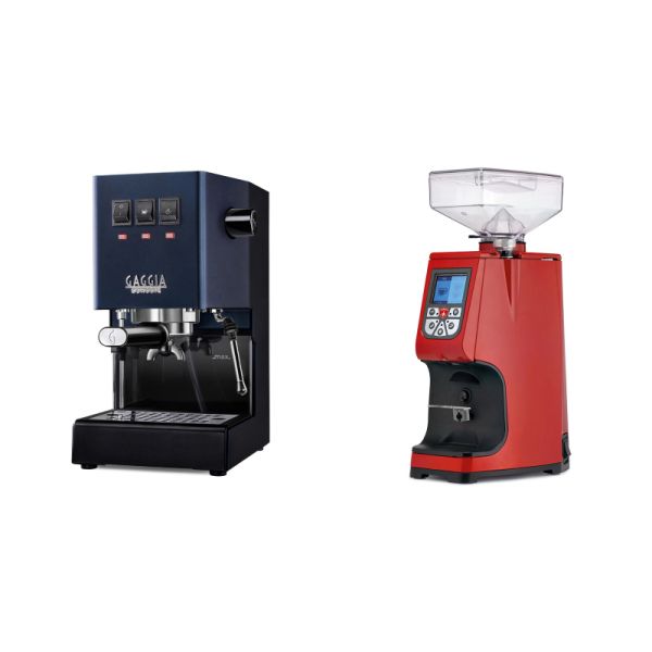 Gaggia New Classic E24, blue + Eureka Atom 60, ferrari red