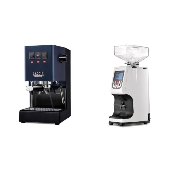 Gaggia New Classic E24, blue + Eureka Atom 60, white