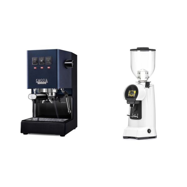 Gaggia New Classic E24, blue + Eureka Helios 65, white