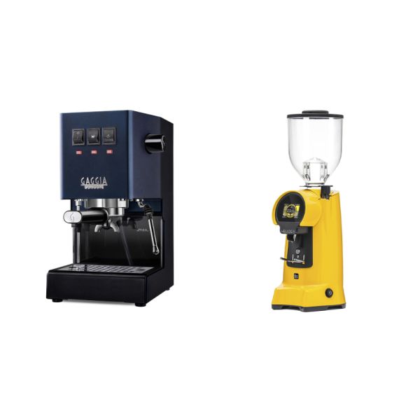 Gaggia New Classic E24, blue + Eureka Helios 75, yellow