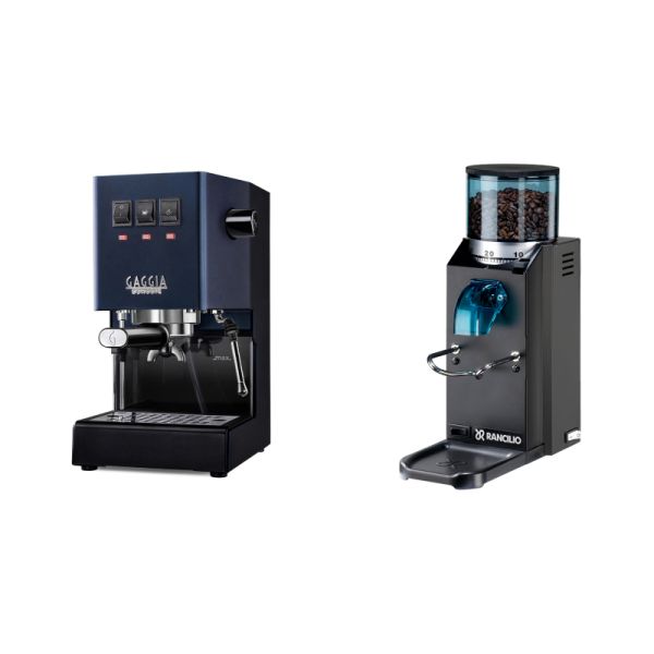 Gaggia New Classic E24, blue + Rancilio Rocky Doserless, black