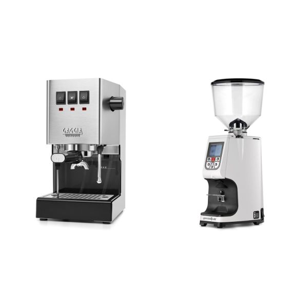 Gaggia New Classic E24, stainless steel + Eureka Atom Specialty 65, white