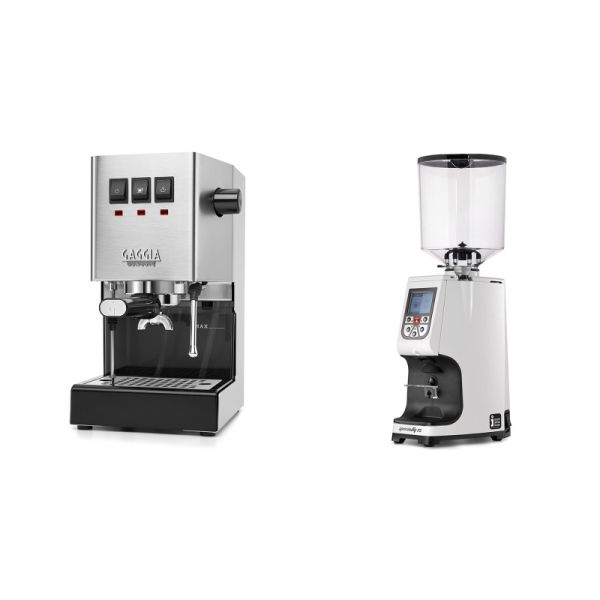 Gaggia New Classic E24, stainless steel + Eureka Atom Specialty 75, white