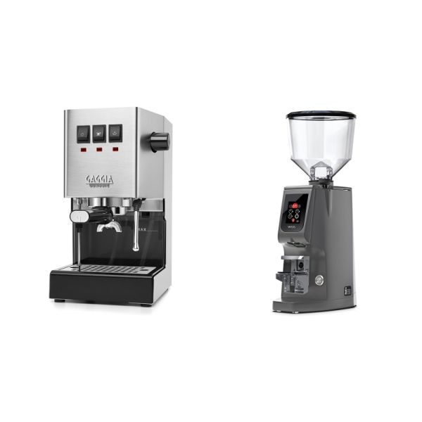 Gaggia New Classic E24, stainless steel + Eureka Atom W 65, grey