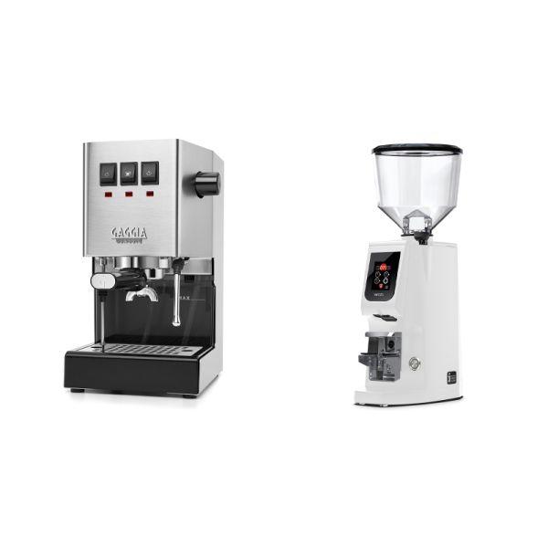 Gaggia New Classic E24, stainless steel + Eureka Atom W 65, white