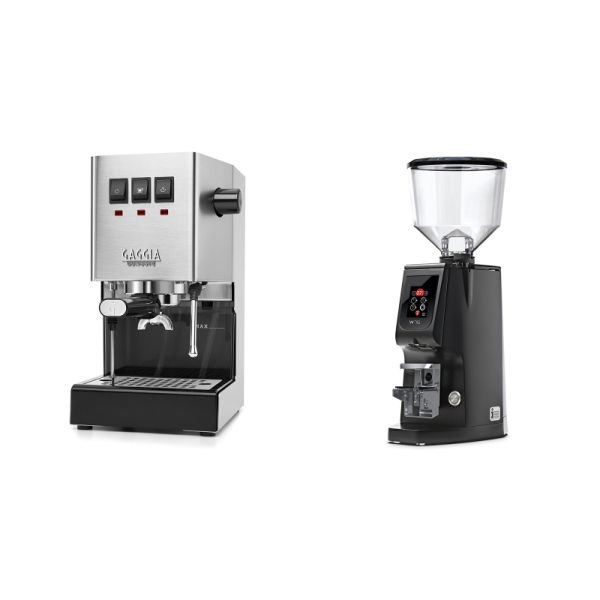 Gaggia New Classic E24, stainless steel + Eureka Atom W 75, black