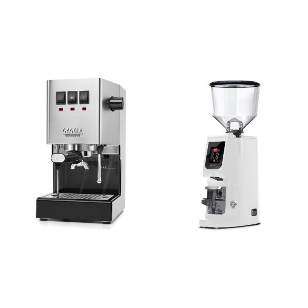 Gaggia New Classic E24, stainless steel + Eureka Atom W 75, white