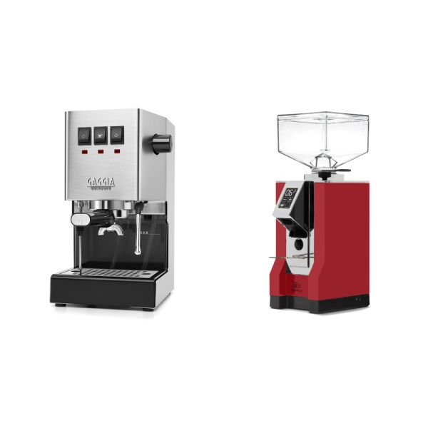 Gaggia New Classic E24, stainless steel + Eureka Mignon Bravo, CR ferrari red