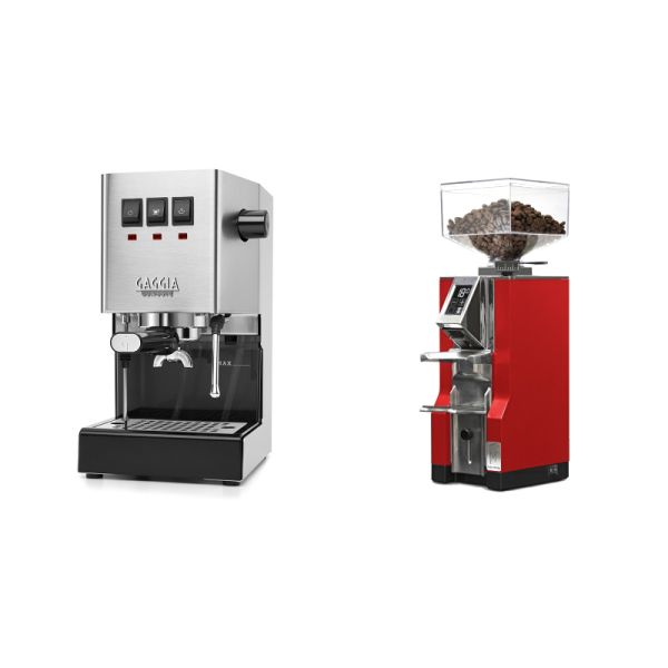 Gaggia New Classic E24, stainless steel + Eureka Mignon Libra, CR ferrari red