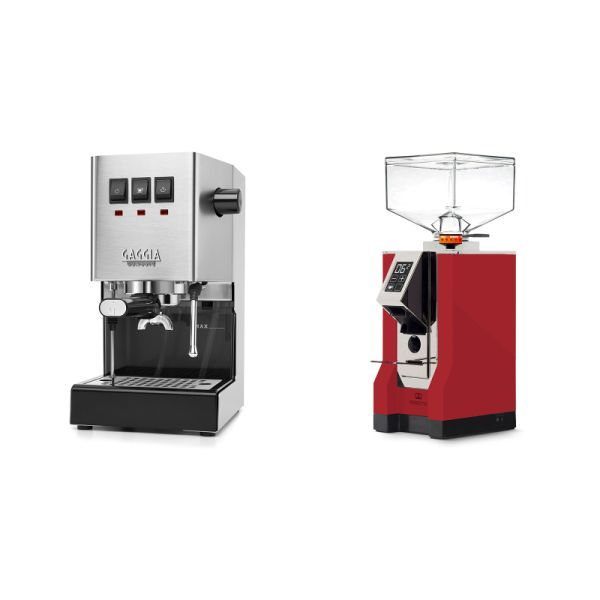 Gaggia New Classic E24, stainless steel + Eureka Mignon Perfetto, CR ferrari red