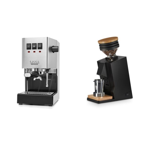 Gaggia New Classic E24, stainless steel + Eureka Mignon Single Dose, Black & Oak