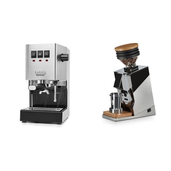 Gaggia New Classic E24, stainless steel + Eureka Mignon Single Dose, Chrome & Oak