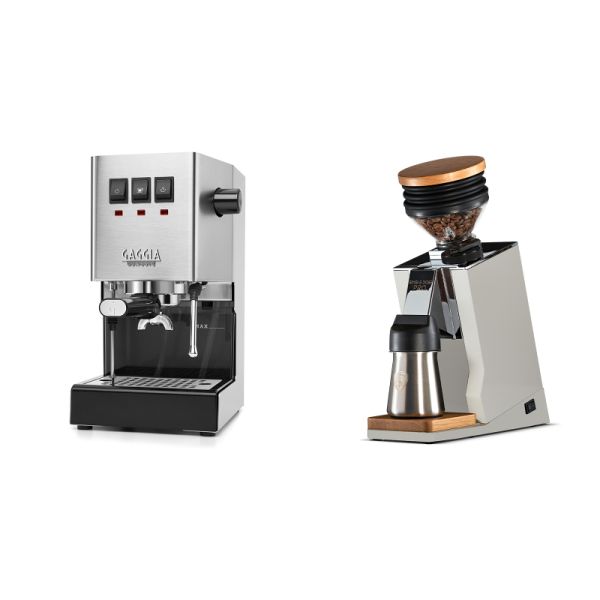 Gaggia New Classic E24, stainless steel + Eureka Mignon Single Dose PRO, White & Oak