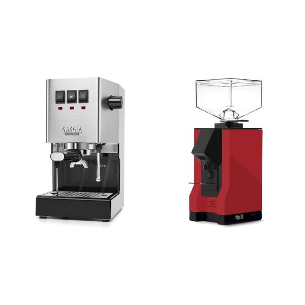 Gaggia New Classic E24, stainless steel + Eureka Mignon Silenzio, BL ferrari red