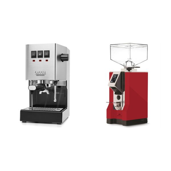 Gaggia New Classic E24, stainless steel + Eureka Mignon Specialita, CR ferrari red