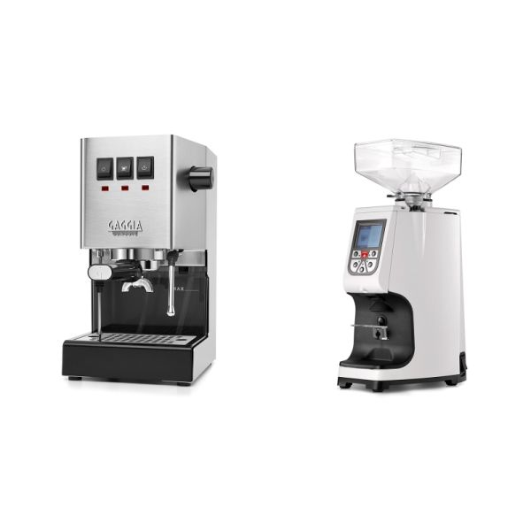 Gaggia New Classic E24, stainless steel + Eureka Atom 60, white