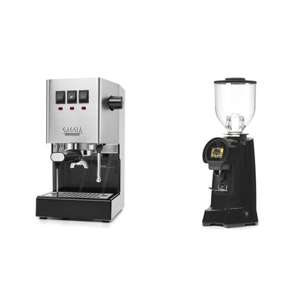 Gaggia New Classic E24, stainless steel + Eureka Helios 65, black