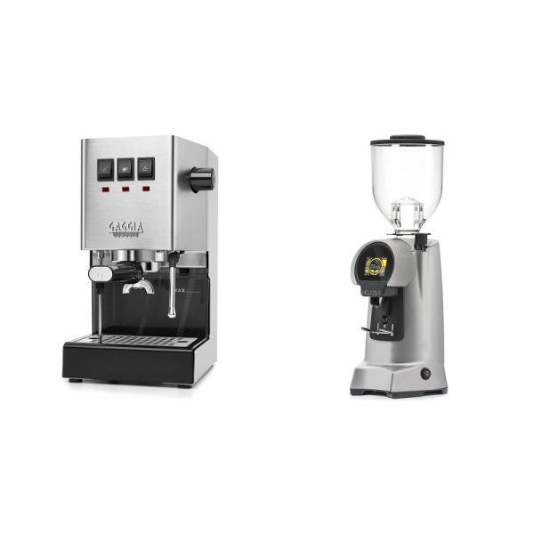 Gaggia New Classic E24, stainless steel + Eureka Helios 65, grey