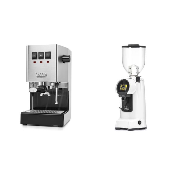 Gaggia New Classic E24, stainless steel + Eureka Helios 65, white