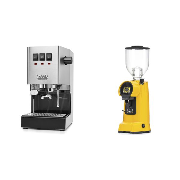 Gaggia New Classic E24, stainless steel + Eureka Helios 65, yellow