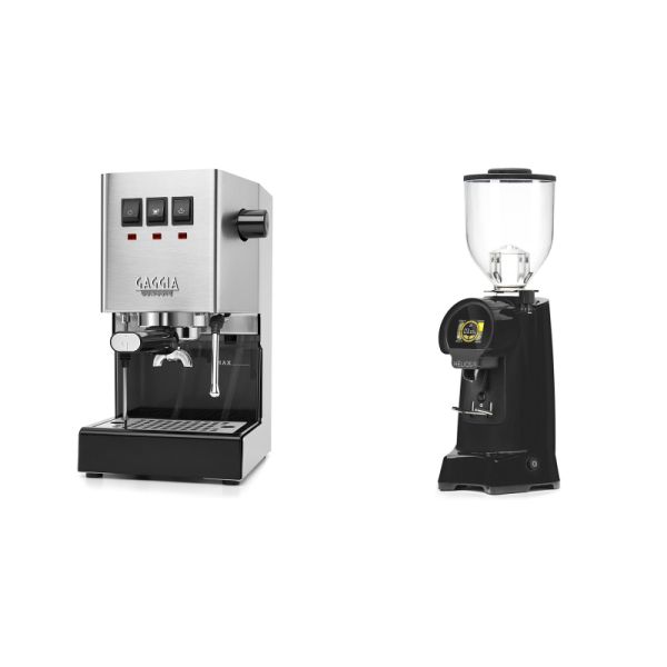 Gaggia New Classic E24, stainless steel + Eureka Helios 75, black