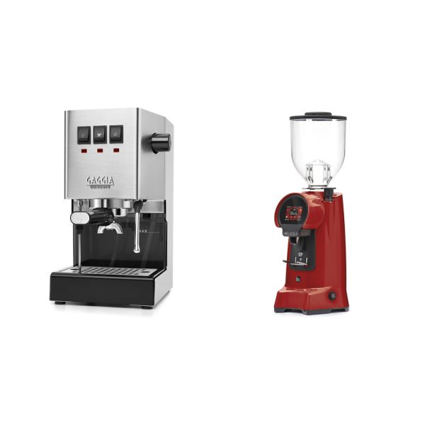 Gaggia New Classic E24, stainless steel + Eureka Helios 75, ferrari red