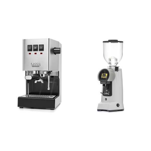 Gaggia New Classic E24, stainless steel + Eureka Helios 75, grey