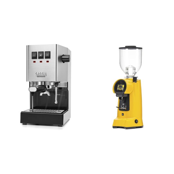 Gaggia New Classic E24, stainless steel + Eureka Helios 75, yellow