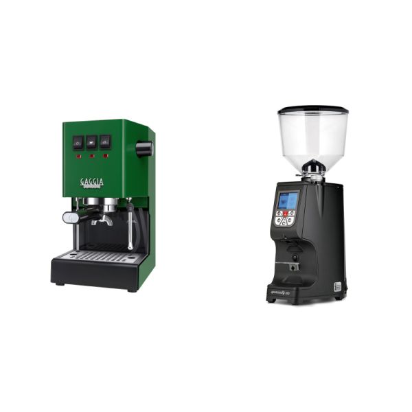 Gaggia New Classic E24, green + Eureka Atom Specialty 65, black