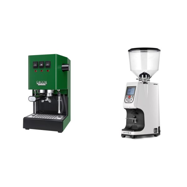 Gaggia New Classic E24, green + Eureka Atom Specialty 65, white