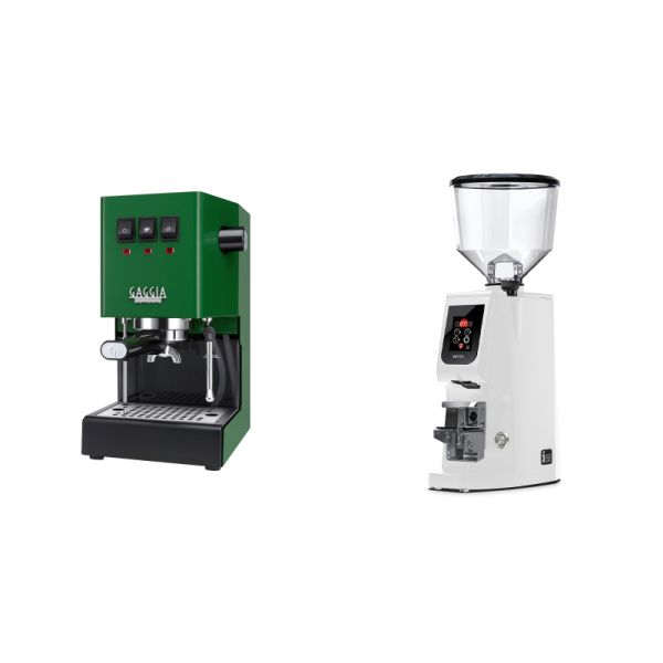 Gaggia New Classic E24, green + Eureka Atom W 65, white