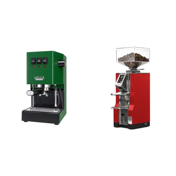 Gaggia New Classic E24, green + Eureka Mignon Libra, CR ferrari red