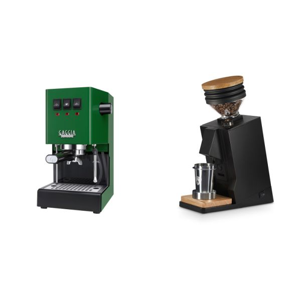 Gaggia New Classic E24, green + Eureka Mignon Single Dose, Black & Oak