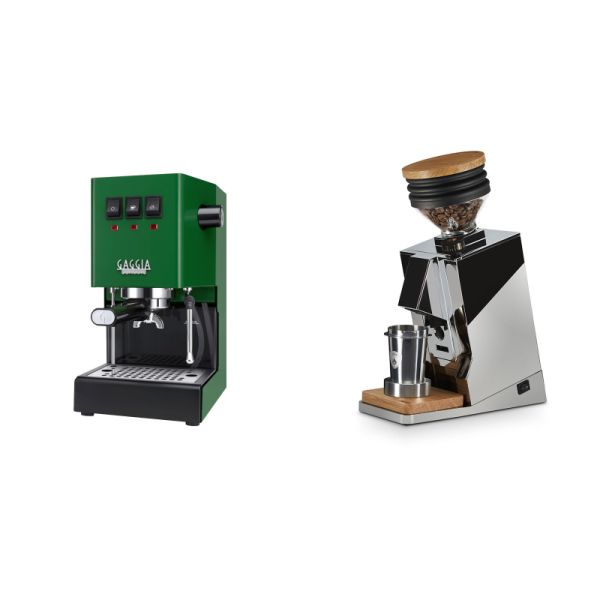 Gaggia New Classic E24, green + Eureka Mignon Single Dose, Chrome & Oak