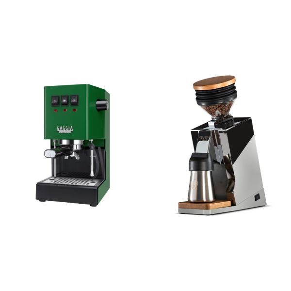 Gaggia New Classic E24, green + Eureka Mignon Single Dose PRO, Chrome & Oak