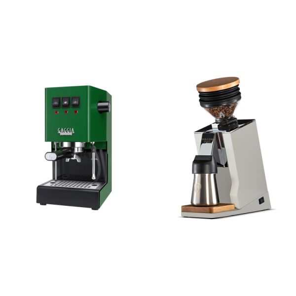 Gaggia New Classic E24, green + Eureka Mignon Single Dose PRO, White & Oak