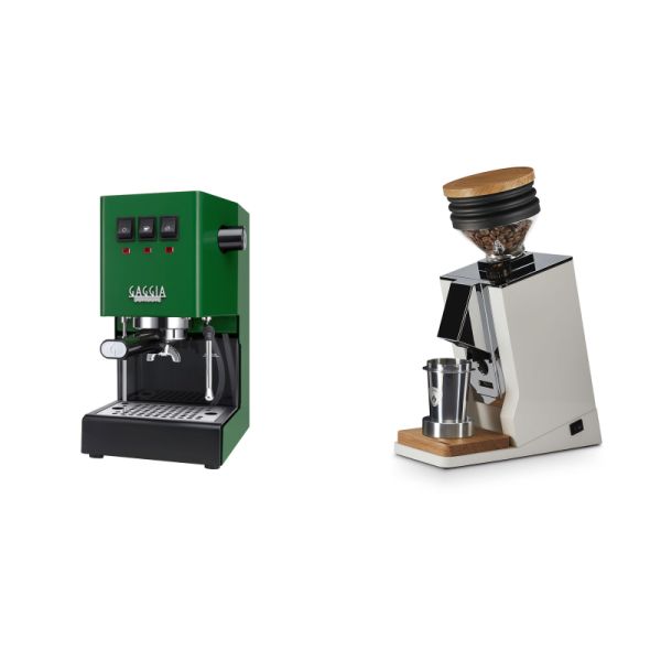 Gaggia New Classic E24, green + Eureka Mignon Single Dose, White & Oak