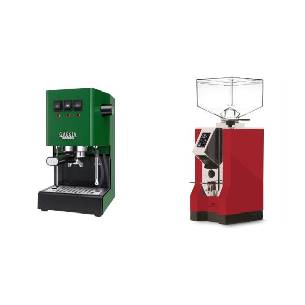 Gaggia New Classic E24, green + Eureka Mignon Specialita, CR ferrari red