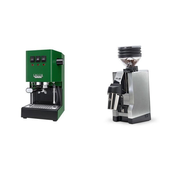 Gaggia New Classic E24, green + Eureka Mignon Zero 65 All Purpose, CR chrome