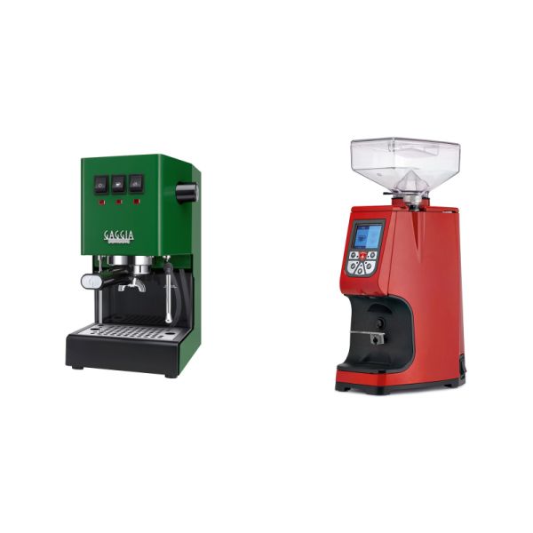 Gaggia New Classic E24, green + Eureka Atom 60, ferrari red