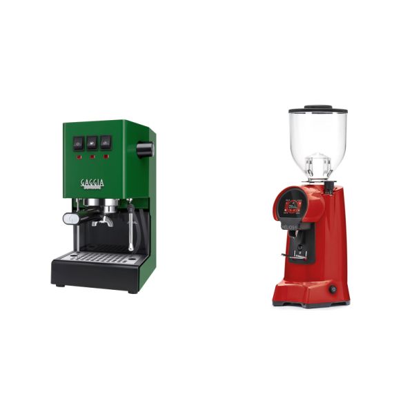 Gaggia New Classic E24, green + Eureka Helios 65, ferrari red