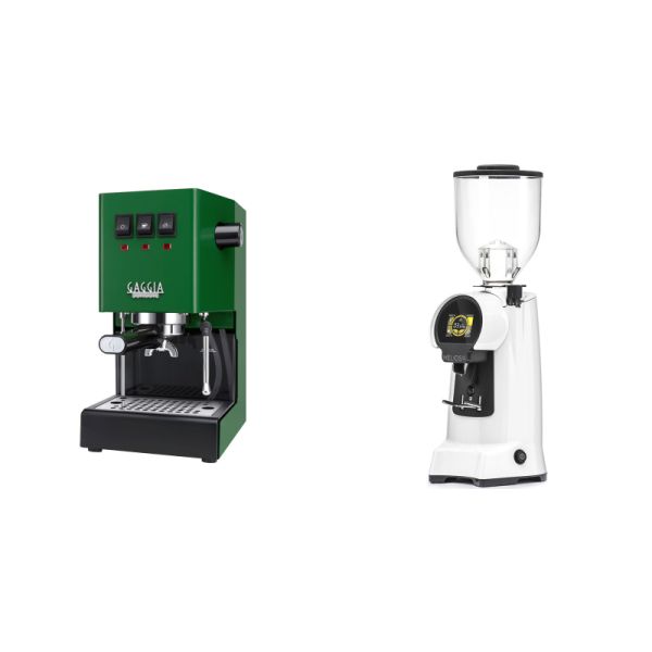 Gaggia New Classic E24, green + Eureka Helios 65, white