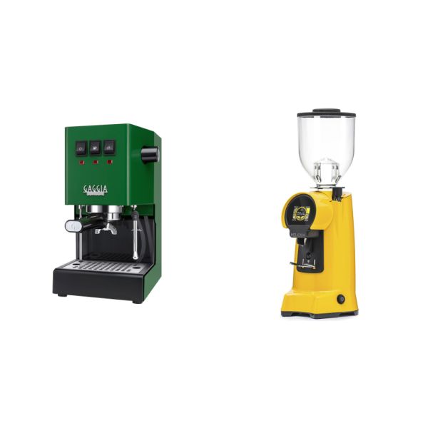 Gaggia New Classic E24, green + Eureka Helios 65, yellow