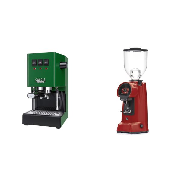 Gaggia New Classic E24, green + Eureka Helios 75, ferrari red