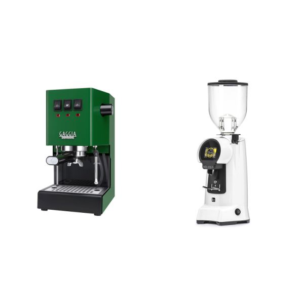 Gaggia New Classic E24, green + Eureka Helios 75, white